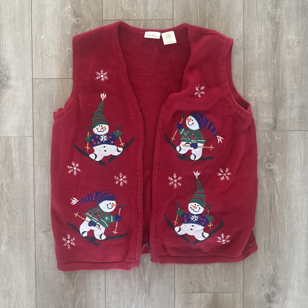 Vintage BOBBIE BROOKS Sweater Vest RED Christmas SNOWMEN‎ Zip XL